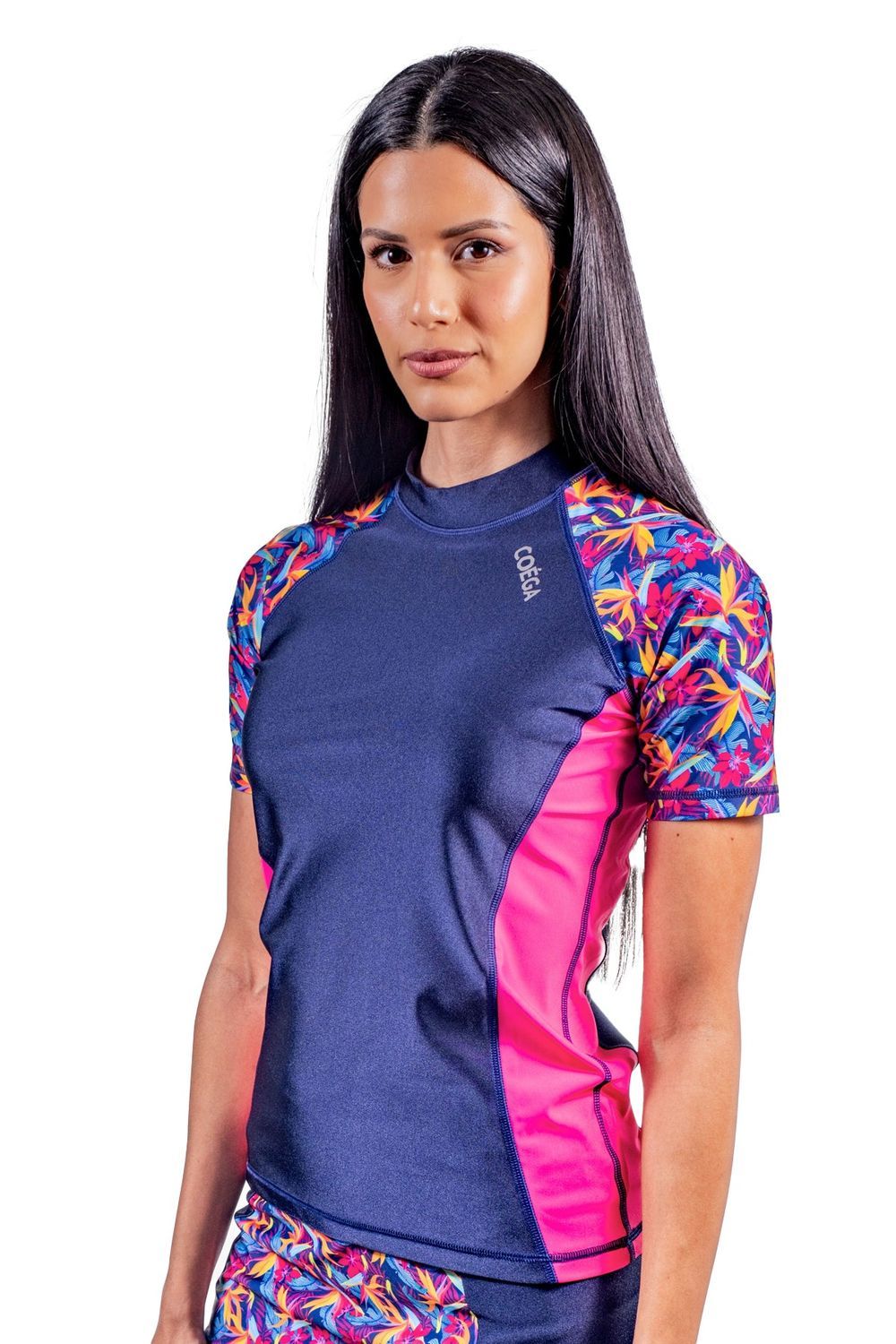 Coega Sunwear - Woman's Short Sleeves Rash Guard - Blue Teal Tropical