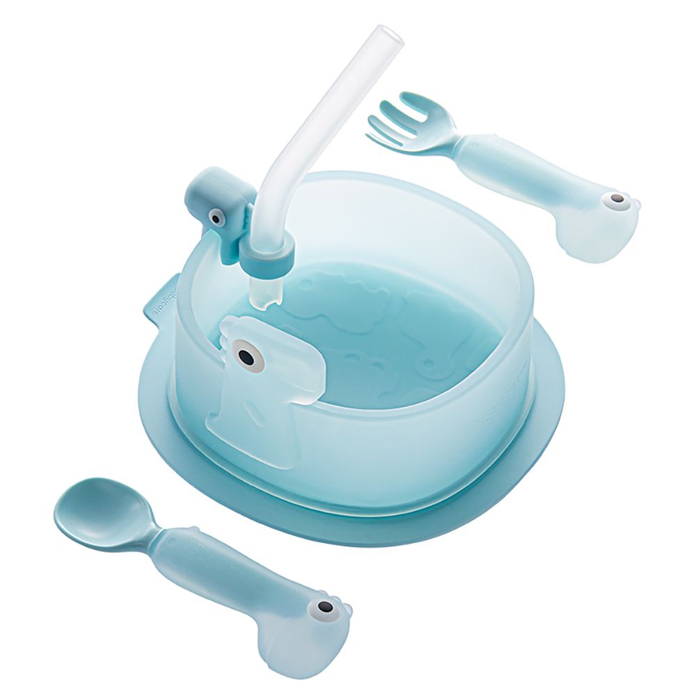 Babycare - Silicone Suction Bowl with Spoon & Fork - Sea Mist Blue - 3 Pcs