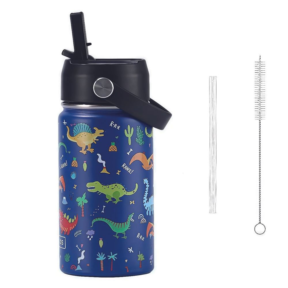 Brain Giggles - Kids Insulated Water Bottle With Straw & Handle 350ml - Dinosaur