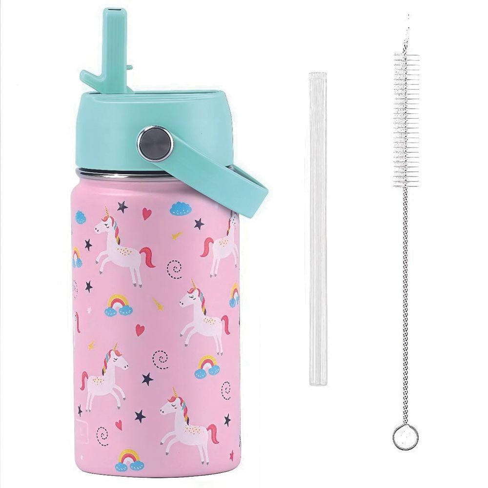 Brain Giggles - Kids Insulated Water Bottle With Straw & Handle 350ml - Unicorn