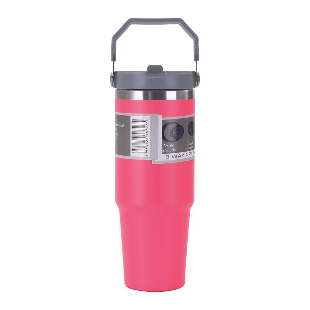 Brain Giggles - Insulated Stainless Steel Travel Cup With Handle & Straw 900ml - Pink