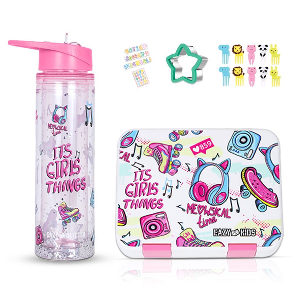 Eazy Kids - Girl Thing Bento Lunch Box With Bottle And Accessory Set - Glitter Pink