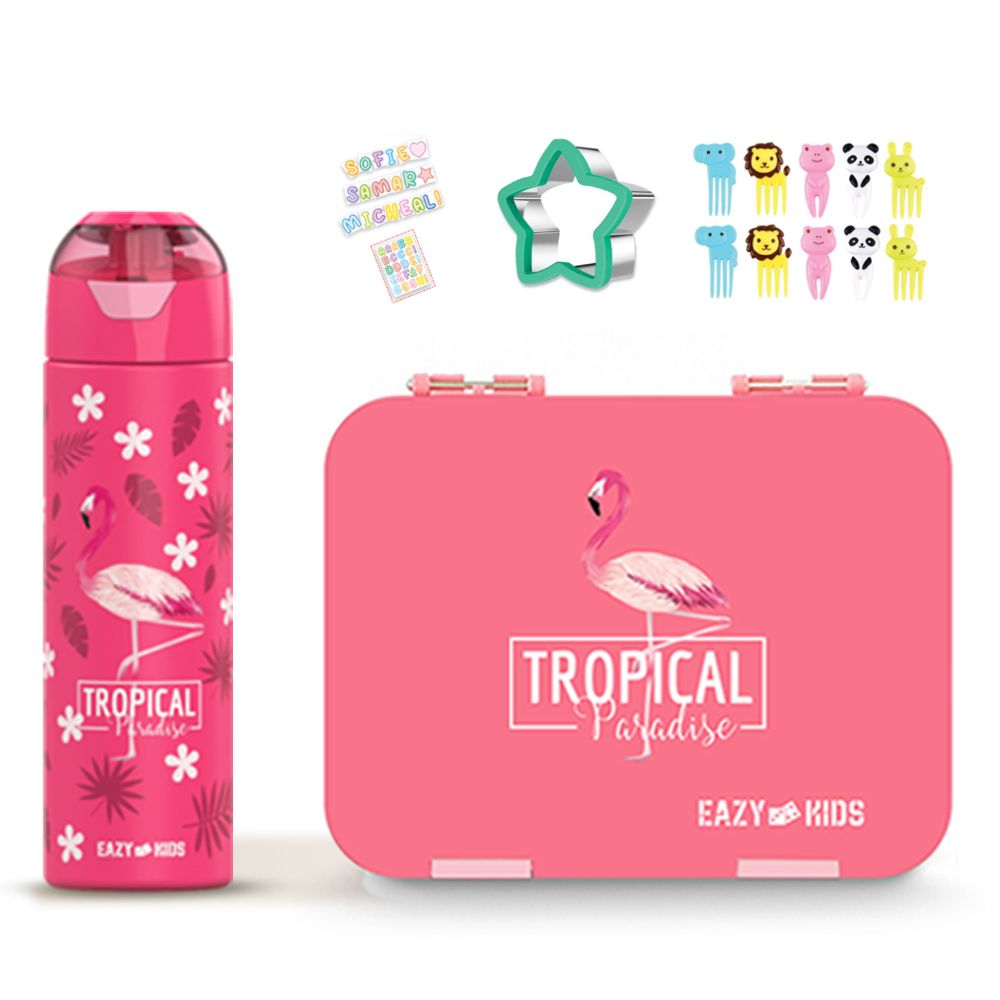 Eazy Kids - Bento Lunch Box With Stainless Steel Bottle And Accessory Set - Tropical Pink