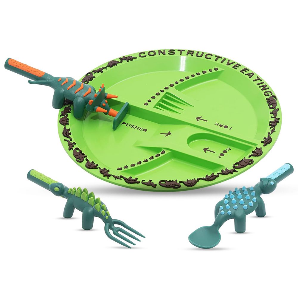 Eazy Kids - Eating Plate With Spoon, Fork And Pusher - Dinosaur