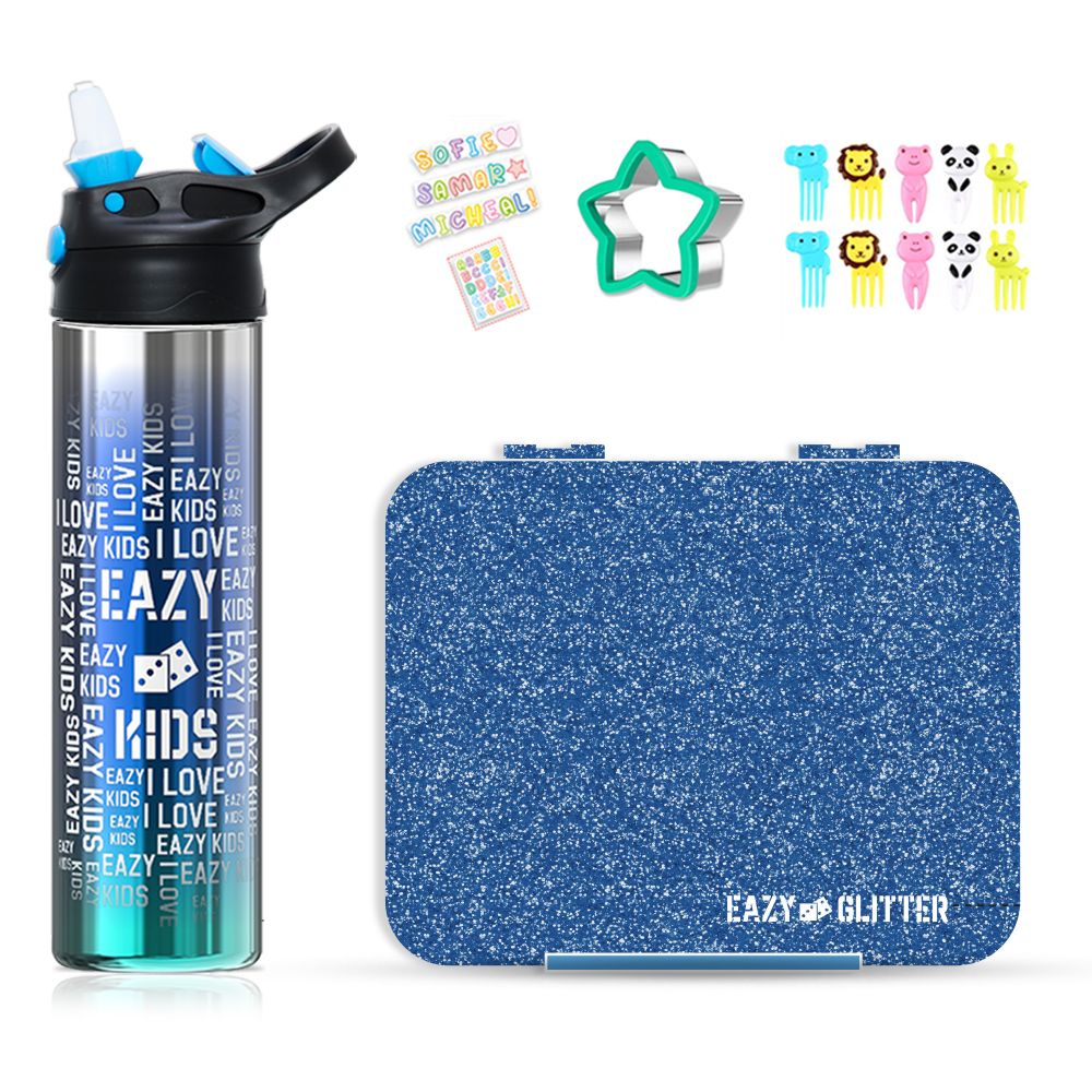 Eazy Kids - Bento Lunch Box With Stainless Steel Bottle And Accessory Set - Glitter Blue