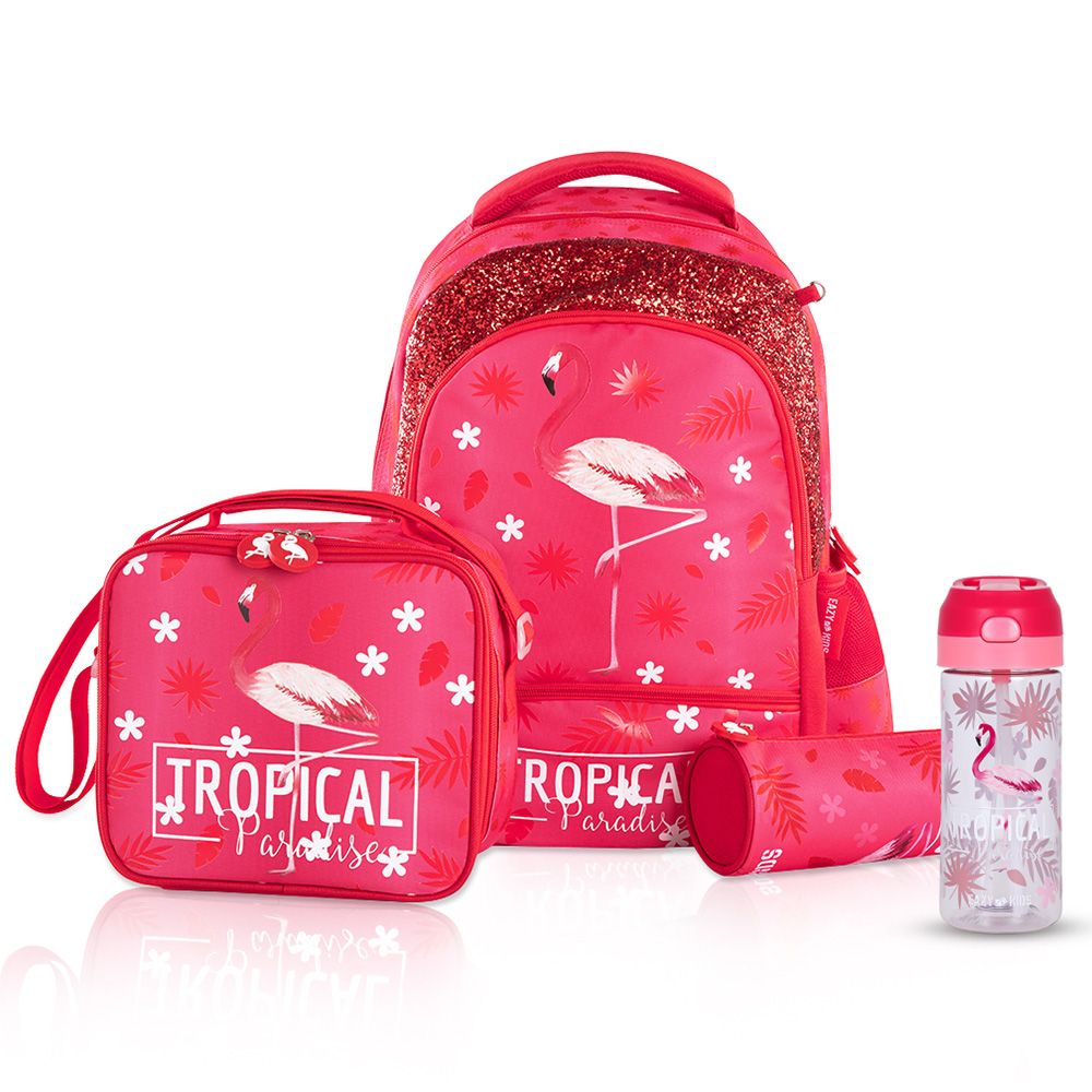 Eazy Kids - School Backpack And Lunch Kit Set - Tropical Pink - 4pcs