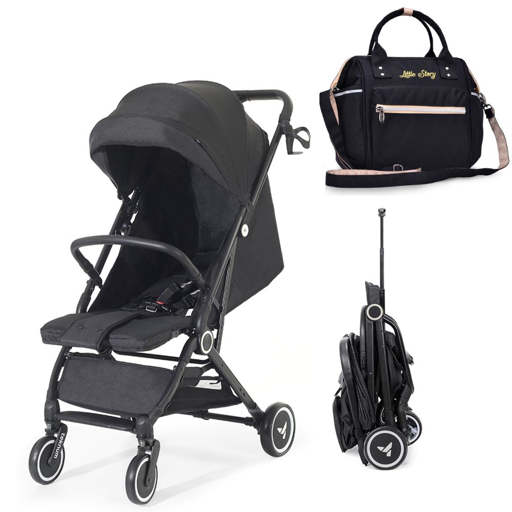 Teknum - Travel Cabin Stroller With Diaper Bag And Cup Holder - Black