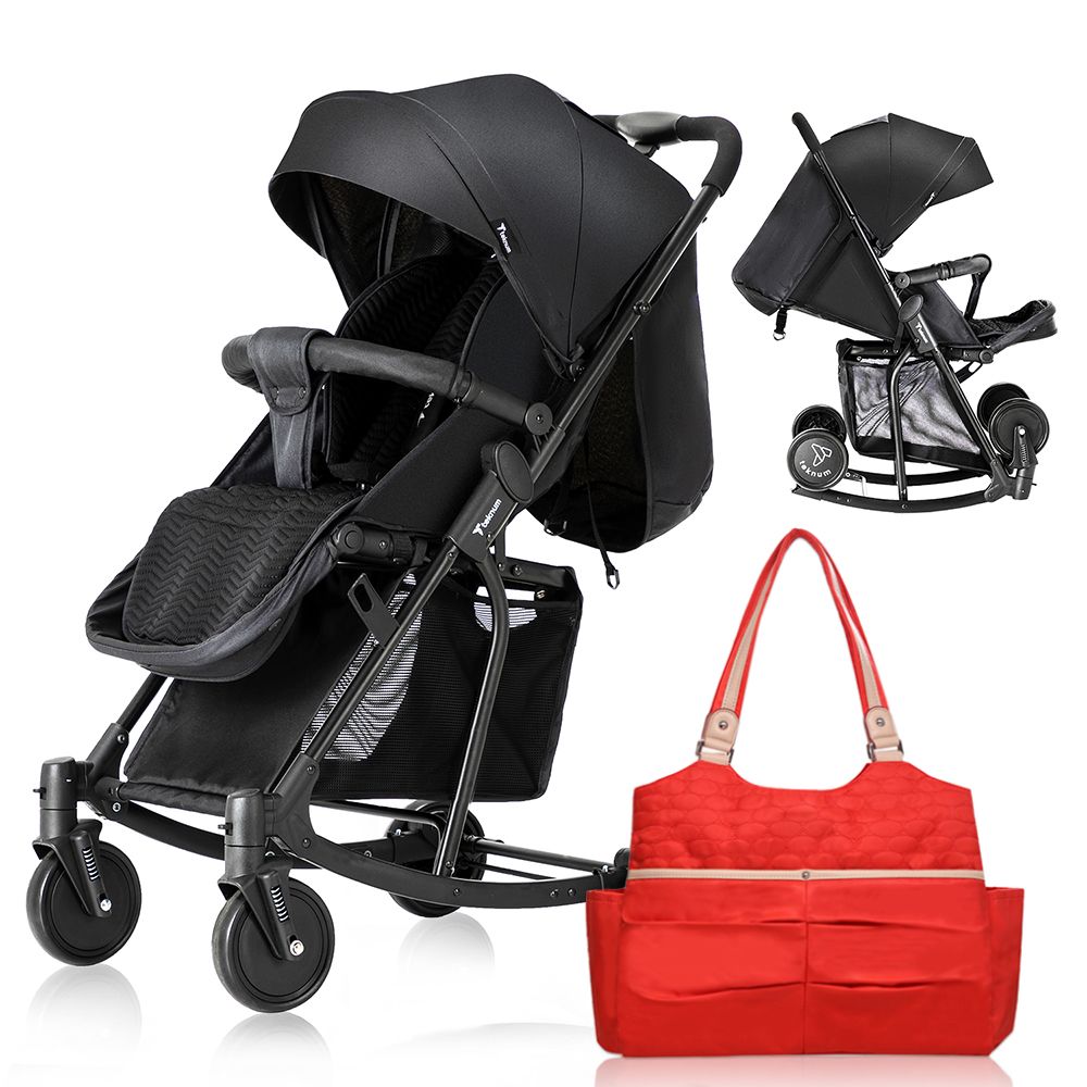 Teknum - Stroller with Rocker And Red Diaper Tote Bag - Black