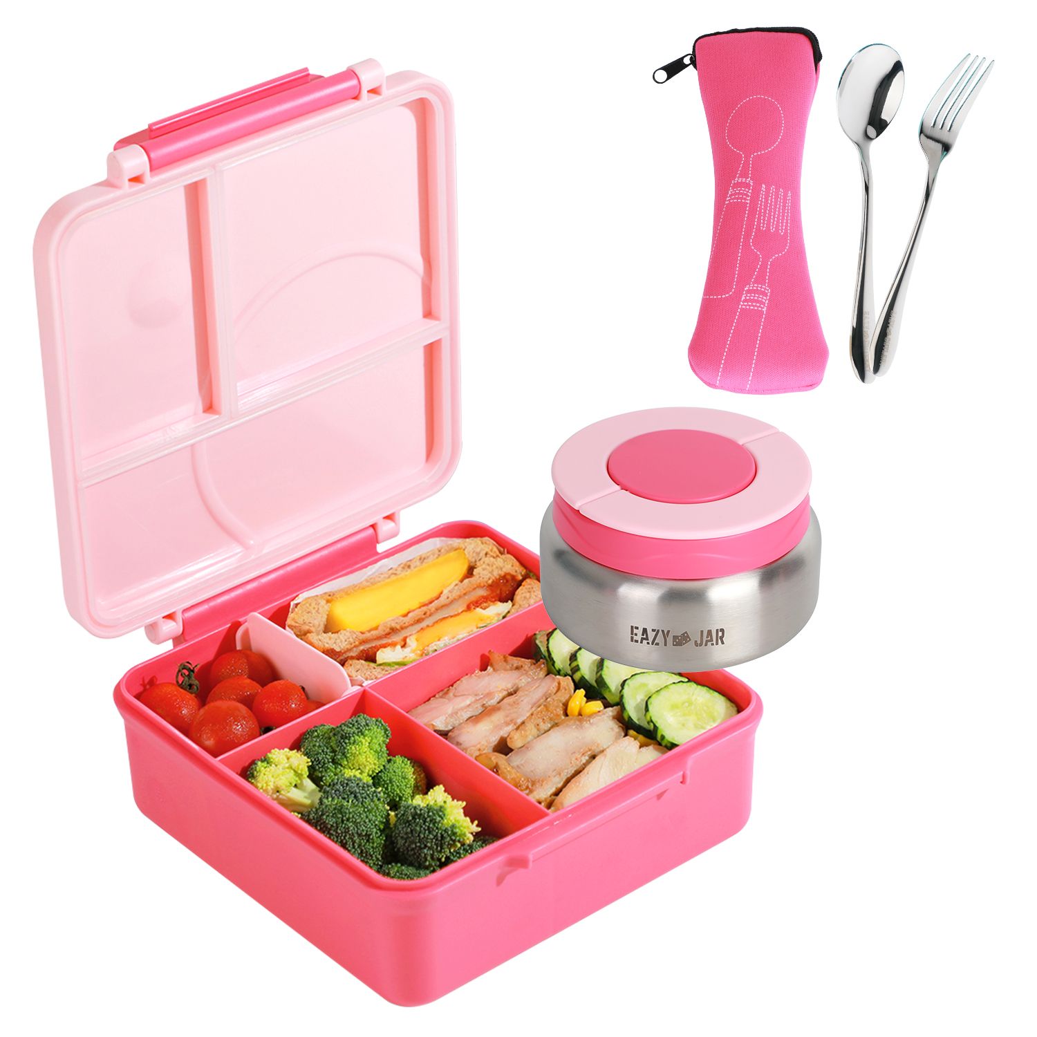 Eazy Kids - 3/4 Jumbo Lunch Box With Bowl, Spoon And Fork - Pink