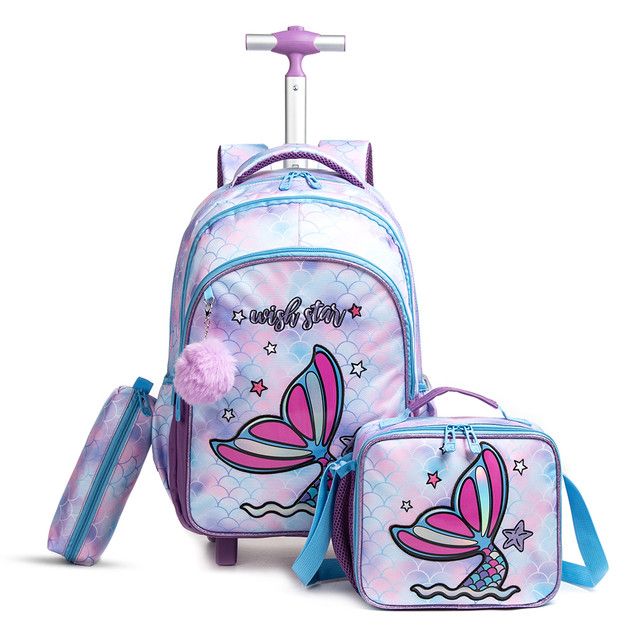 Eazy Kids - 18" Trolley School Bag combo Mermaid - Set of 3 -Purple