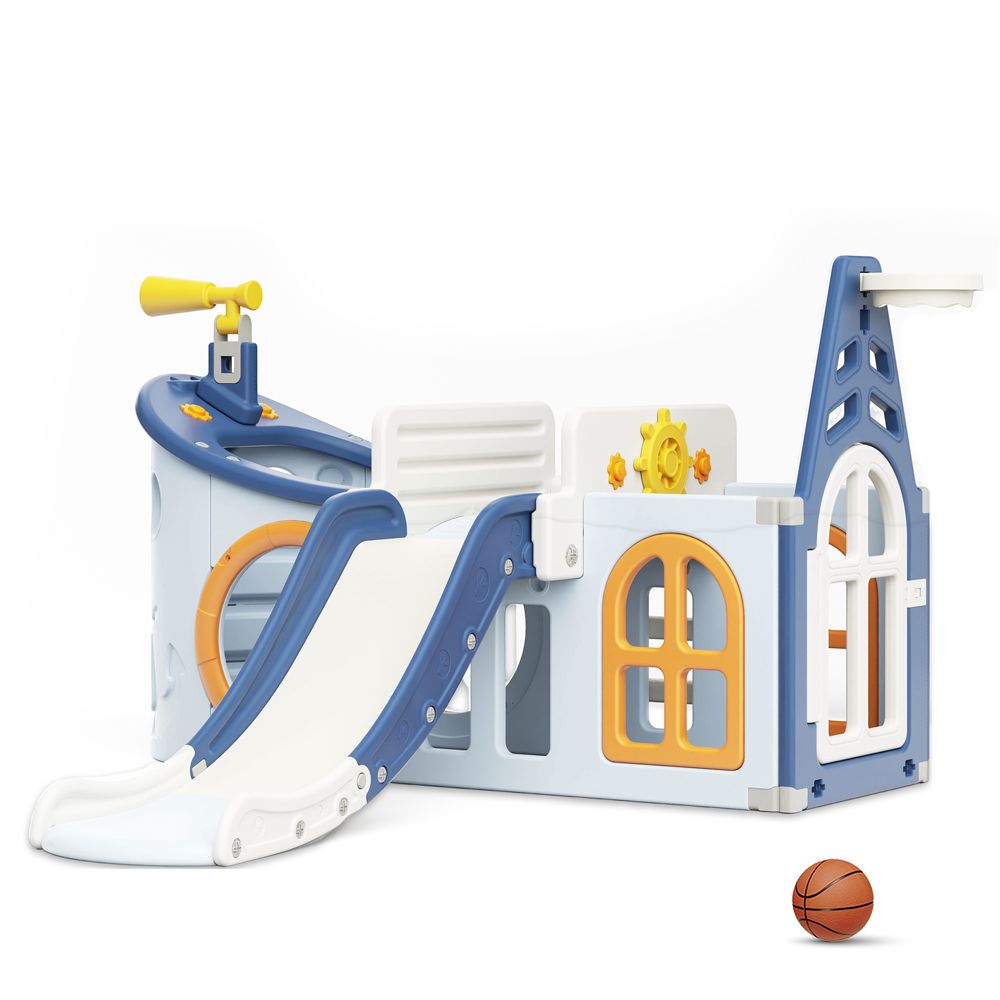 Little Story - Boat Play House With Activity Slide & Basketball - Blue