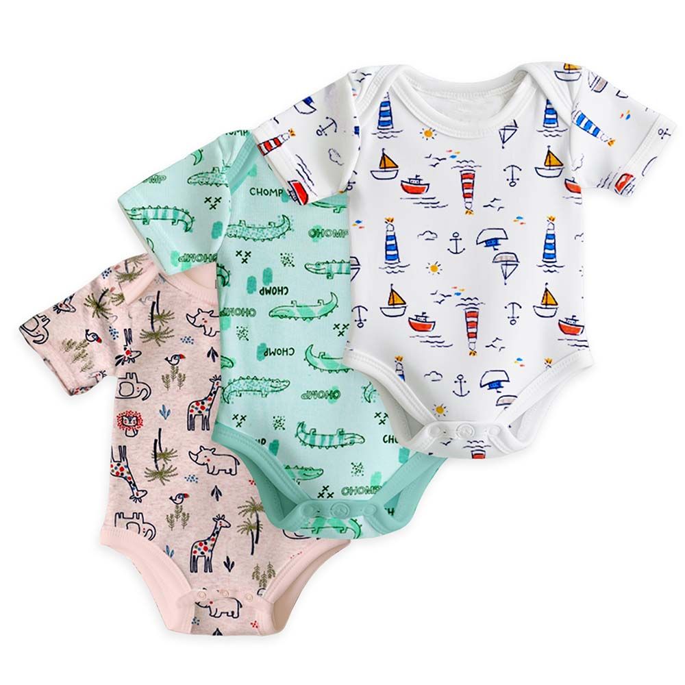 Luay - 3pc-Set - Cotton Short Sleeves Onesie - Lighthouse/Lizard/Elephant