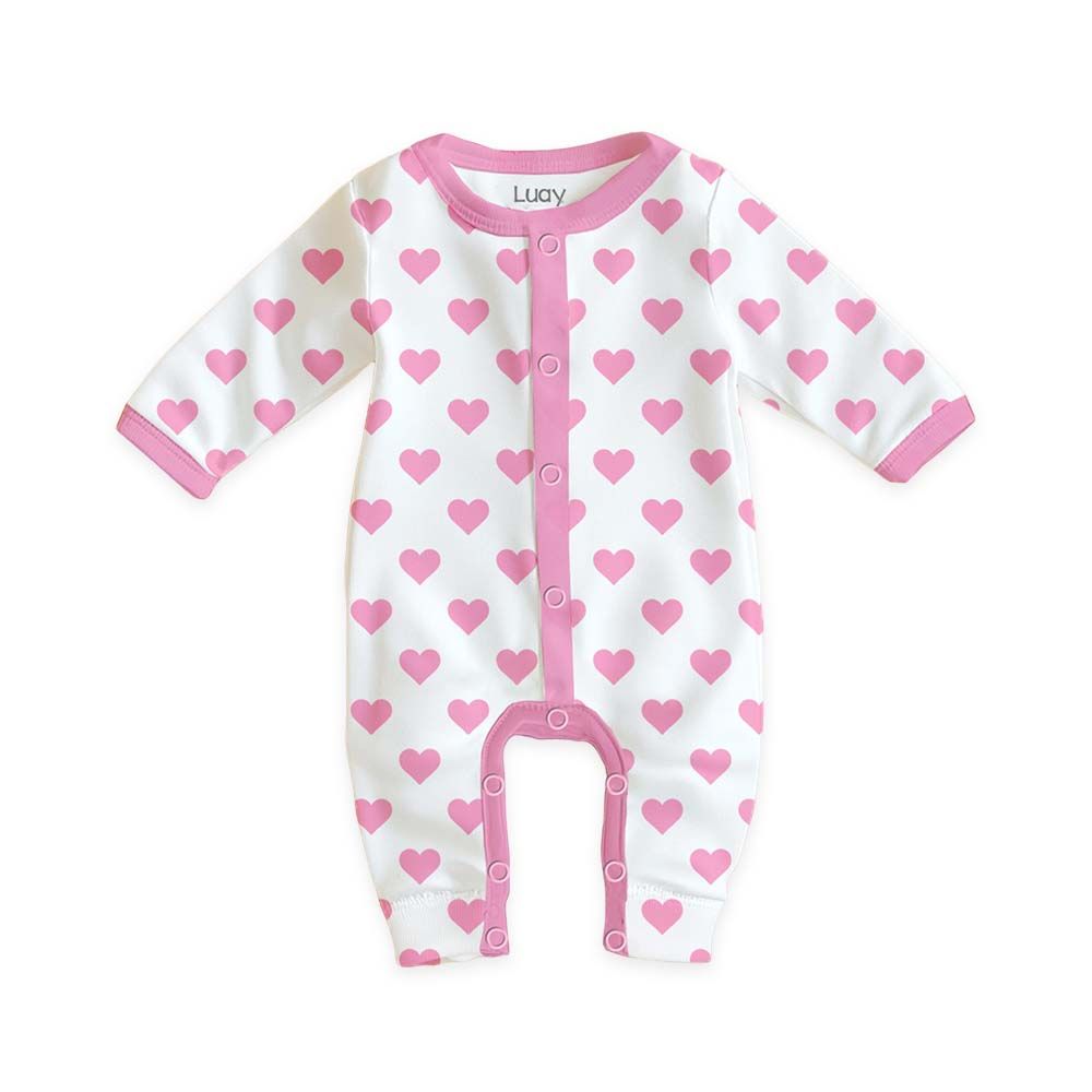 Luay - Heart Printed Full Sleeves Baby Romper - White/Pink