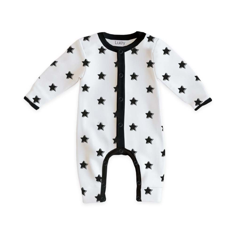 Luay - Star Printed Full Sleeves Baby Romper - White/Black