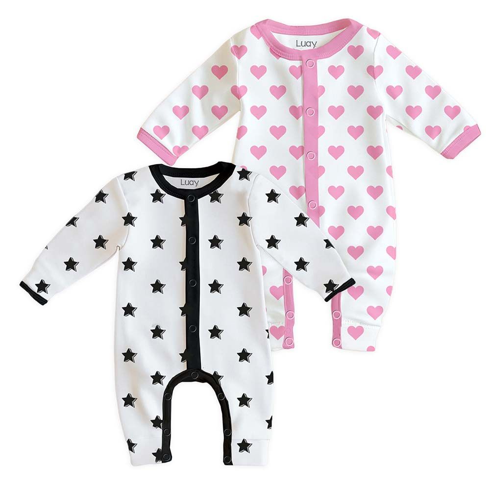 Luay - Full Sleeves Cotton Baby Romper - 2 Pcs - Heart And Star