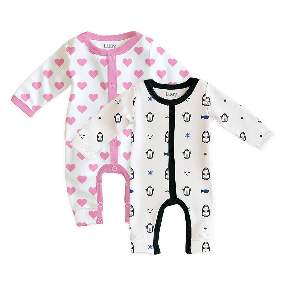 Luay - 2pc-Set - Heart & Penguin Printed Baby Romper - Multicolor