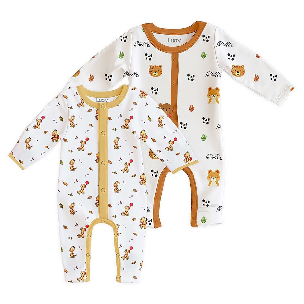 Luay - 2pc-Set - Giraffe & Teddy Printed Full Sleeves Baby Romper - Multicolor