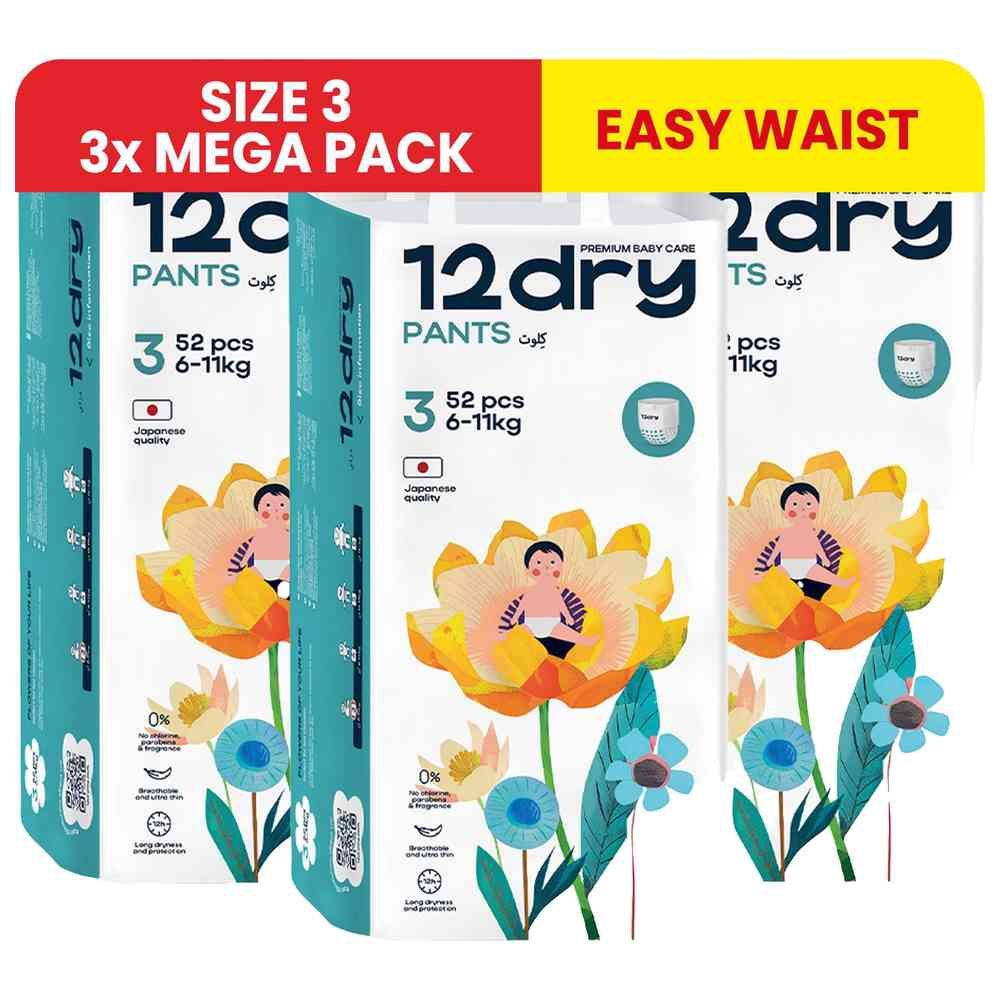 12dry - Easy Waist Diaper Pants - Size 3 - 6-11kg - 156 Pcs