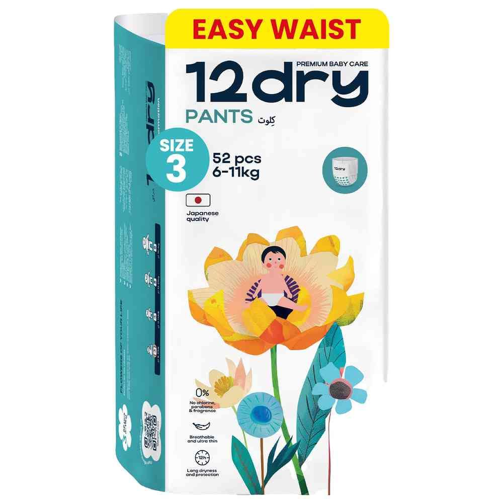 12dry - Easy Waist Diaper Pants - Size 3 - 6-11kg - 52 Pcs