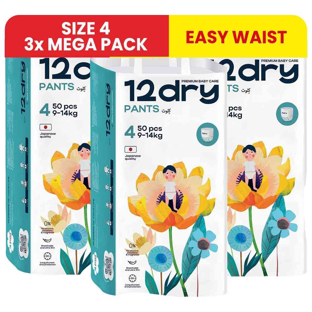 12dry - Easy Waist Diaper Pants - Size 4 - 9-14 kg - 150 Pcs