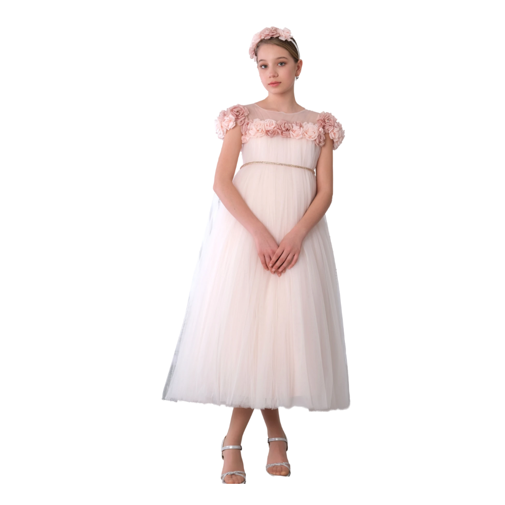 Via Bambino - Girl's Flower Embroidered Dress - Salmon