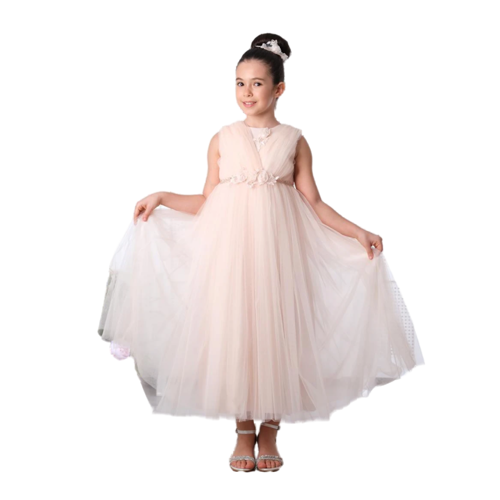 Via Bambino - Girl's Flower Detail Sleeveless Dress - Salmon