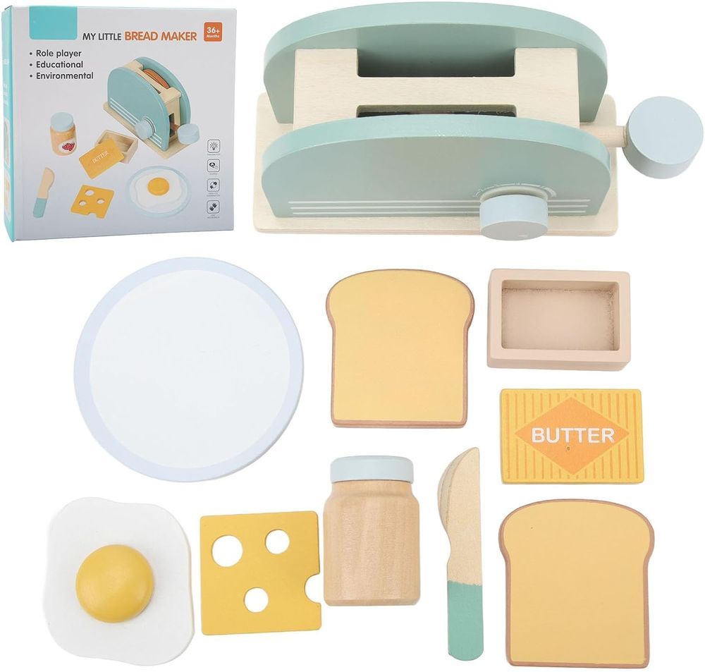 Little Angel - Kids Wooden Bread Toaster Pretend Playset - 10pcs