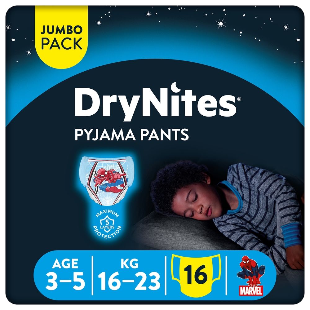 Huggies - DryNites Pyjama Pants, 3-5 years, Bed Wetting Diaper, Boy, 16-23 kg, Jumbo Pack, 16 Pants