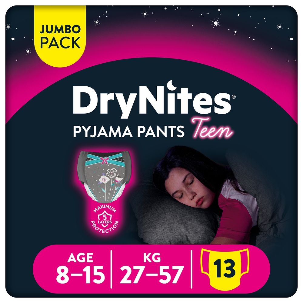 Huggies - DryNites Pyjama Pants, 8-15 years, Bed Wetting Diaper, Girl, 27-57 kg, Jumbo Pack, 13 Pants