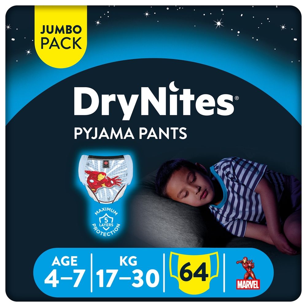 Huggies - DryNites Pyjama Pants, 4-7 years, Bed Wetting Diaper, Boys, 17-30 kg, 4 x Jumbo Packs, 64 Pants