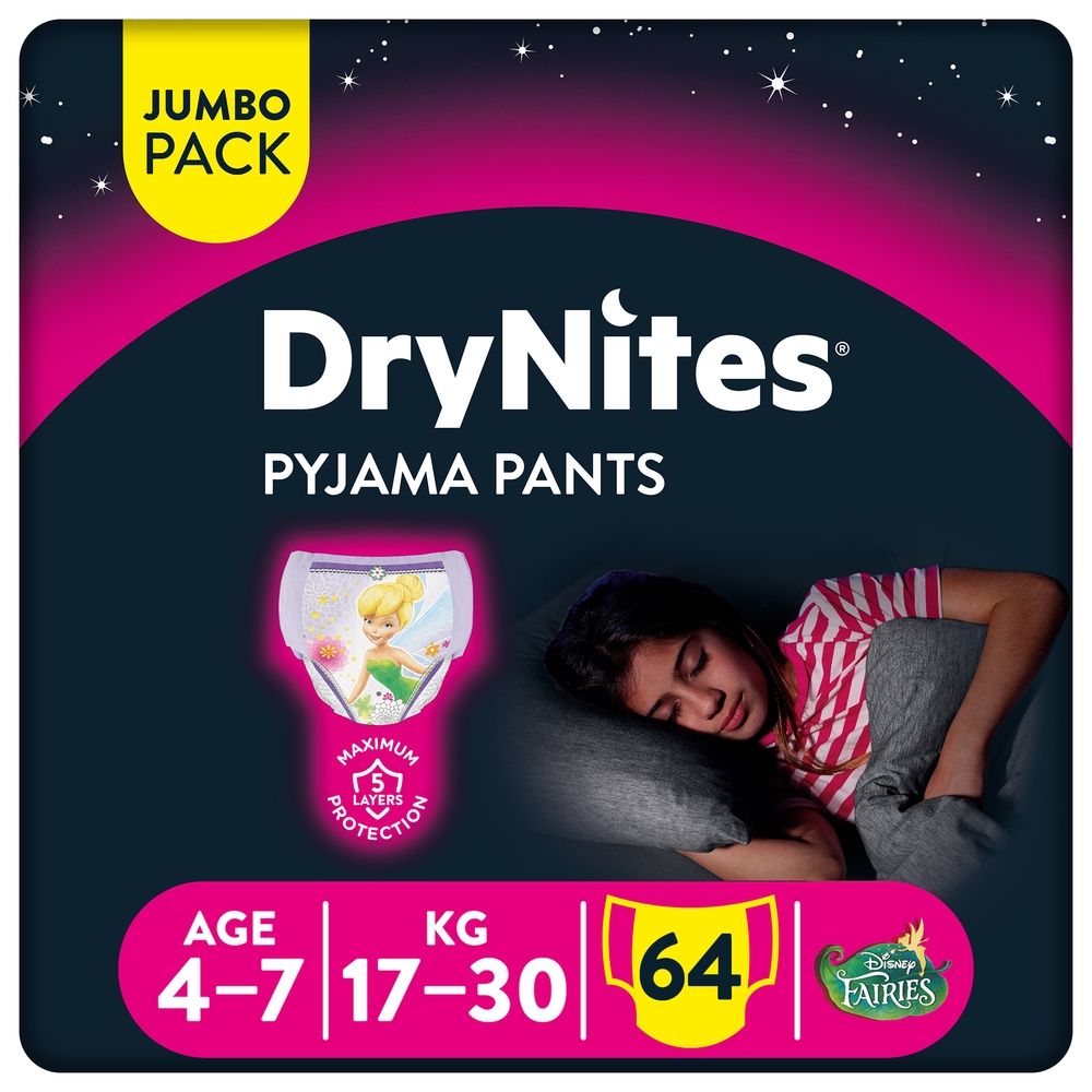 Huggies - DryNites Pyjama Pants, 4-7 years, Bed Wetting Diaper, Girls, 17-30 kg, 4 x Jumbo Packs, 64 Pants