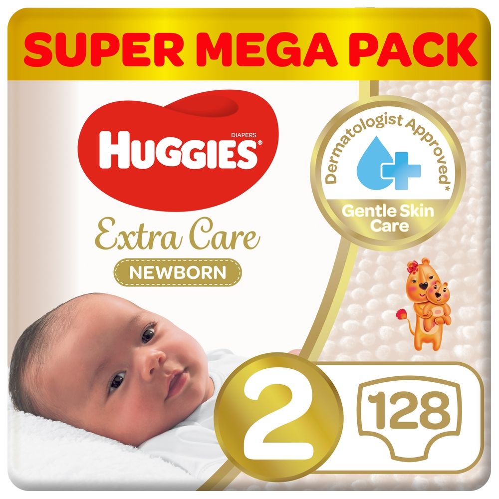 Huggies - Extra Care Newborn, Size 2, 4 - 6 kg, Twin Jumbo Pack, 128 Diapers - Packaging May Vary