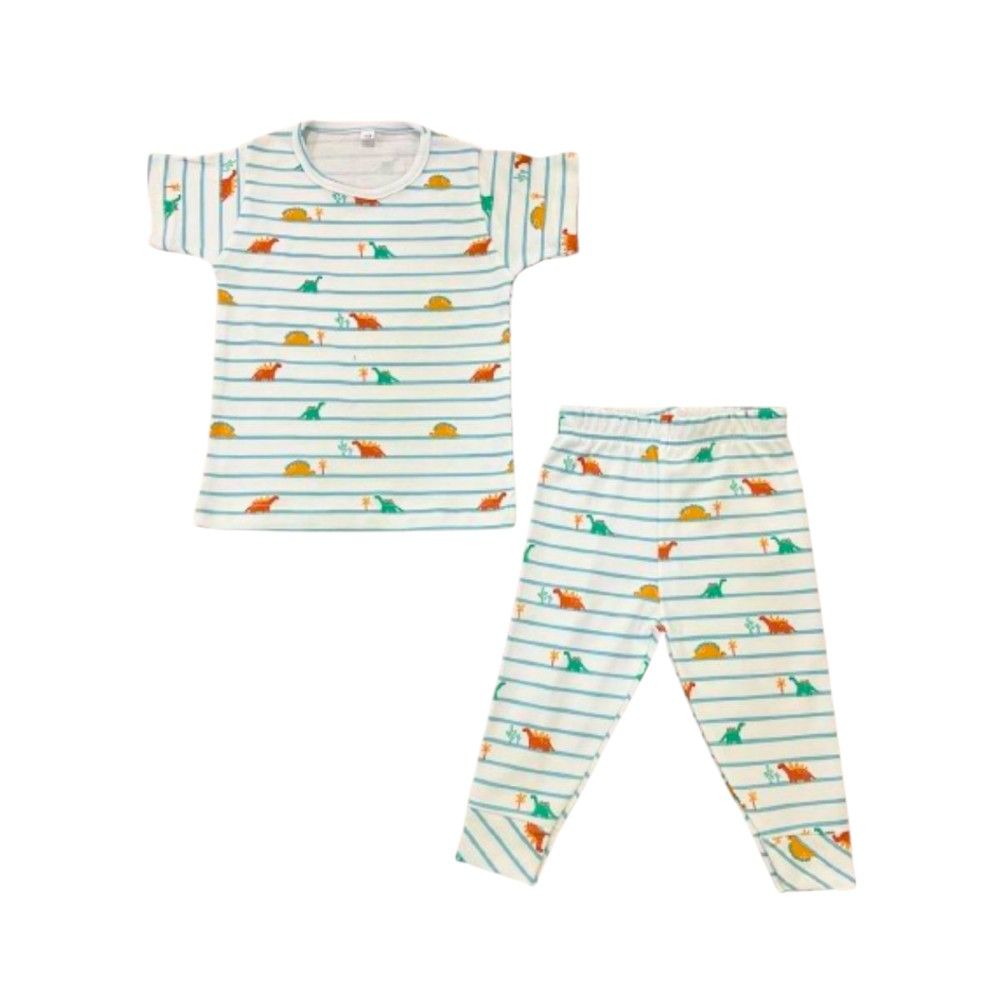 Veronica - Pyjama Set - Striped Dinosaur Print - White - 2 Pcs