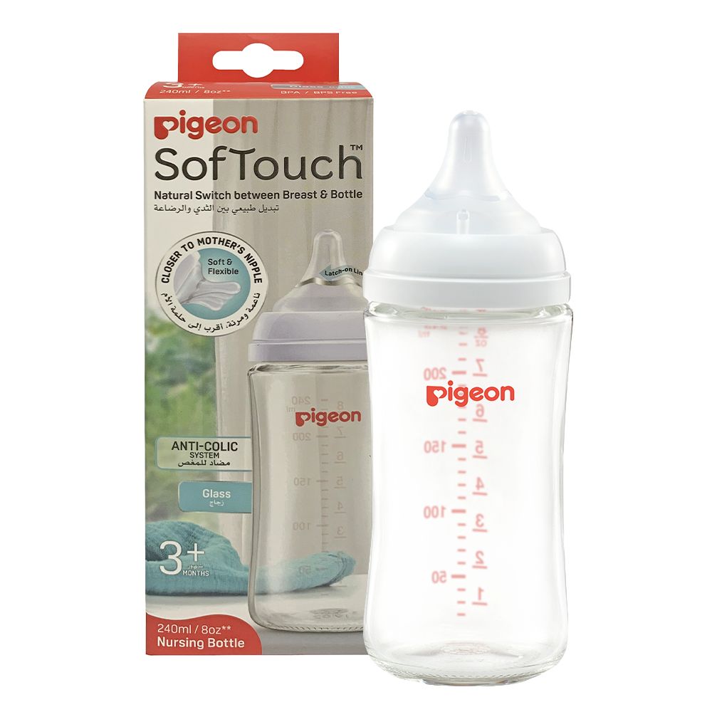 Pigeon - Softouch Wide Neck Glass Feeding Bottle - White - 240 ml