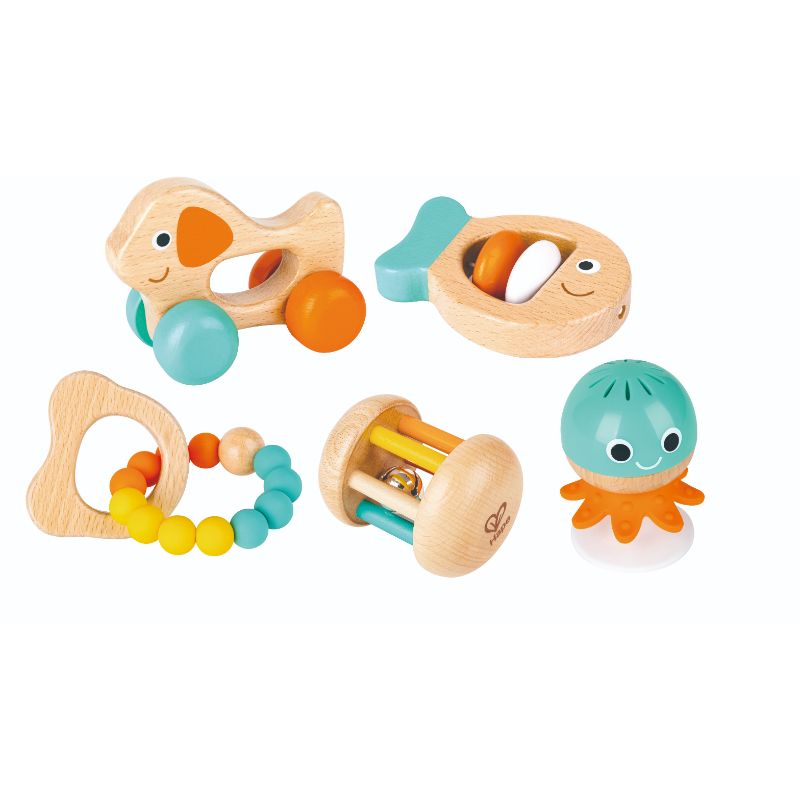 Hape - Multi Stage Sensory Rattles And Teether Gift Set - 5 Pcs