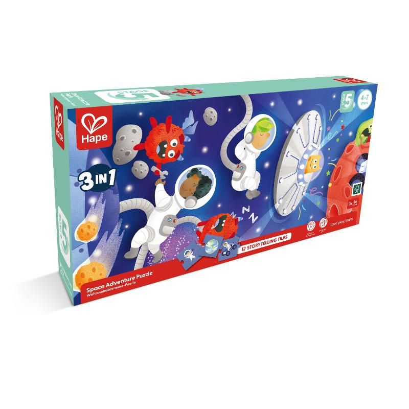 Hape - 3-in-1 Space Adventure Jigsaw Puzzle With Cotton Bag - 48pcs