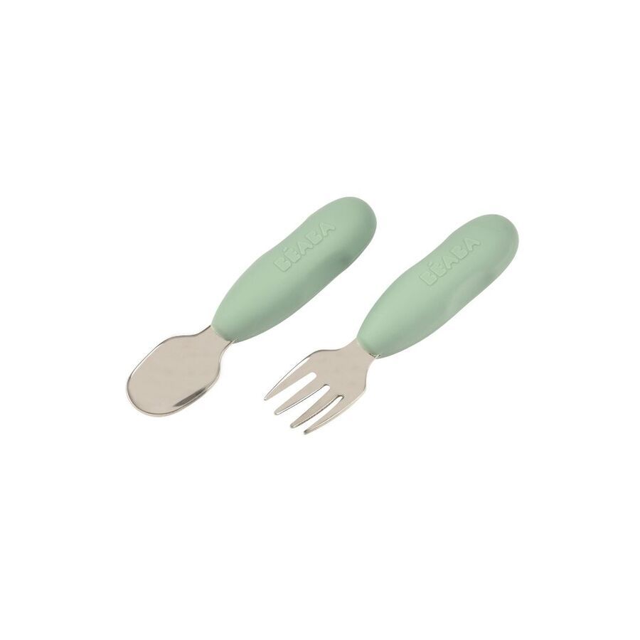 Beaba - Pre-Cutlery Spoon And Fork Set - Sage Green - 2pcs