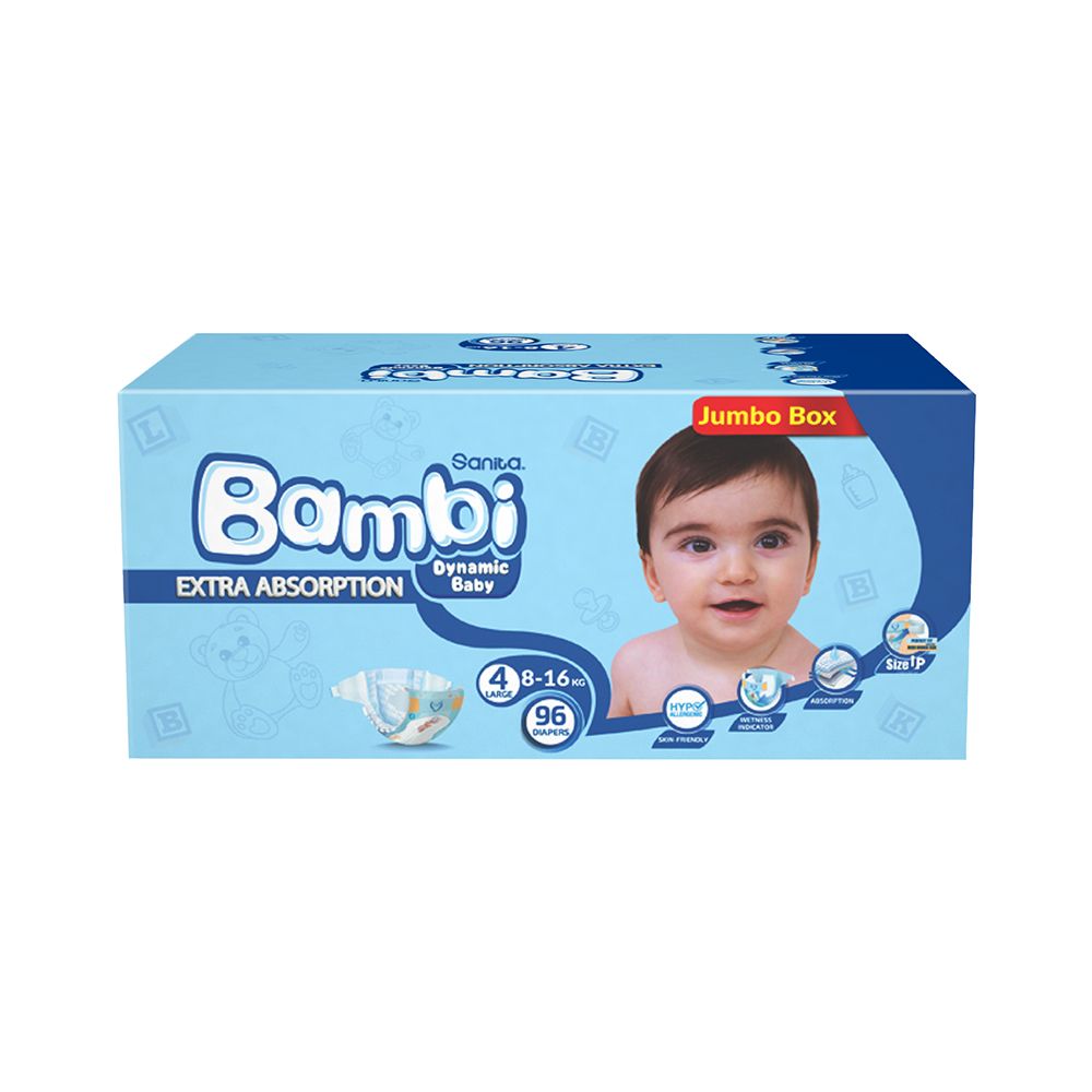 Sanita Bambi - Baby Diapers Jumbo Box Size 4, Large, 8-16 KG, 96 Count