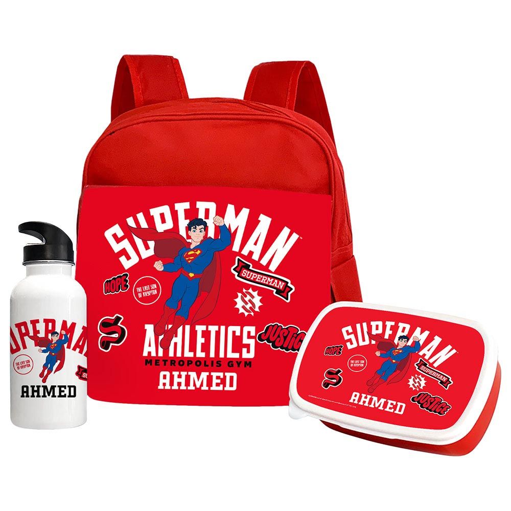 Essmak - Personalized Superman Backapck Set For Kids - 3pcs - Red - 12-Inch