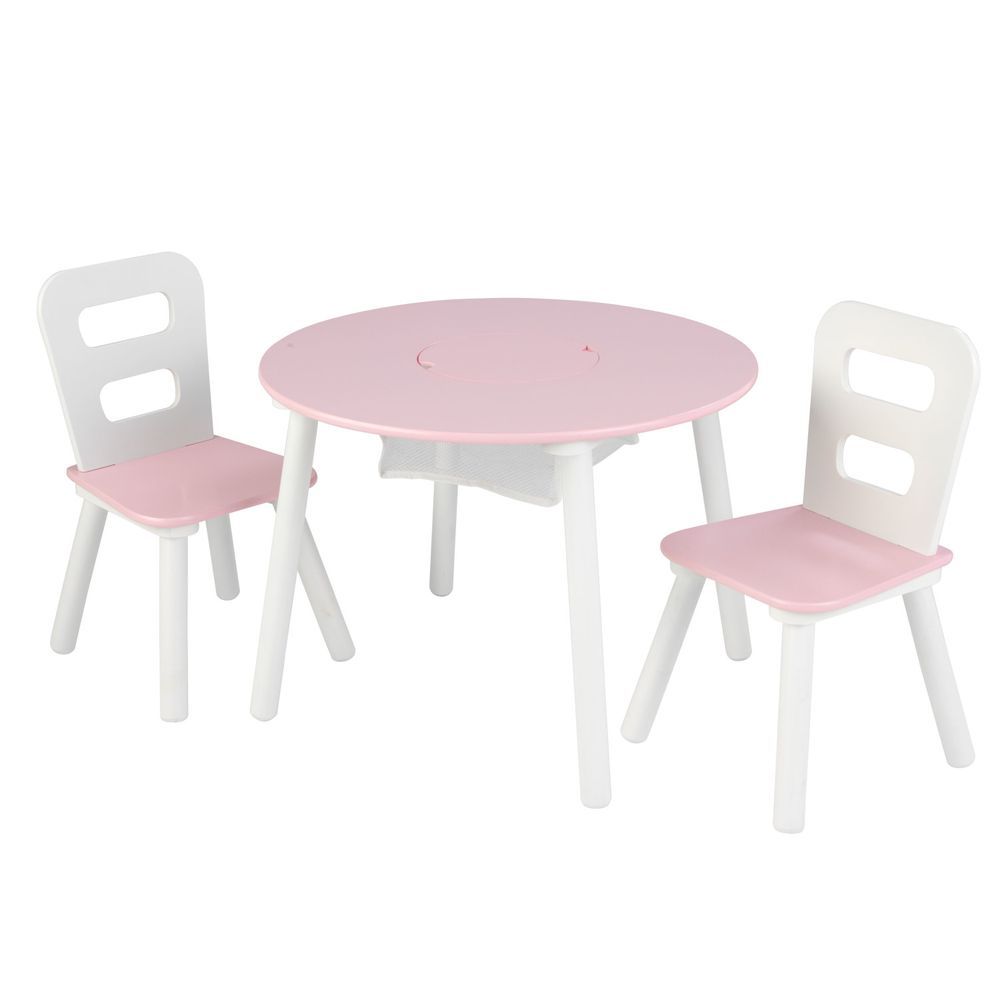 KidKraft - Round Storage Table & 2 Chair Set - White & Pink