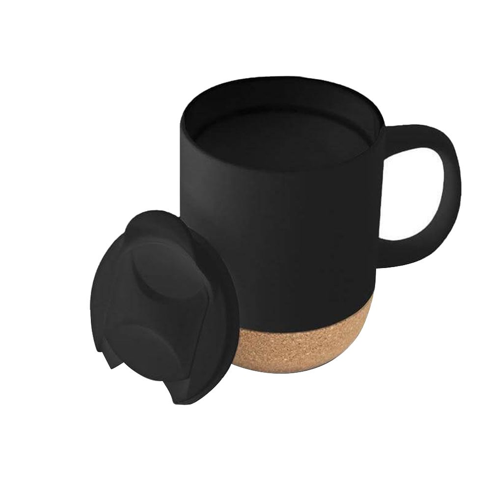 Giftology - Lucca Ceramic Mug w/ Lid & Cork Base - Black - 330 ml