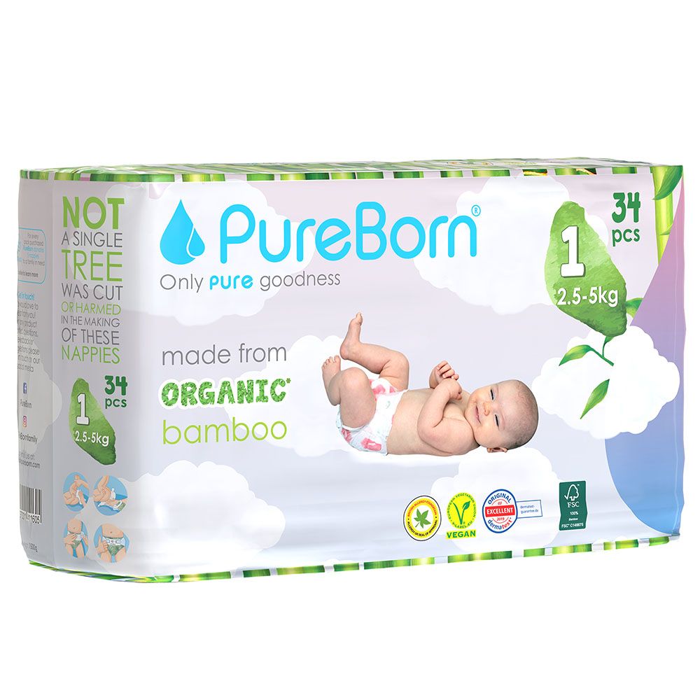 Pureborn - Single Pack Nappies Size 1 - 2.5-5kg - 34pcs - Design May Vary