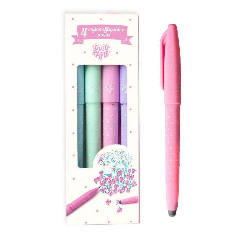 Djeco - Pastel Erasable Pens W/ Clip Caps & Erasers - 4pcs