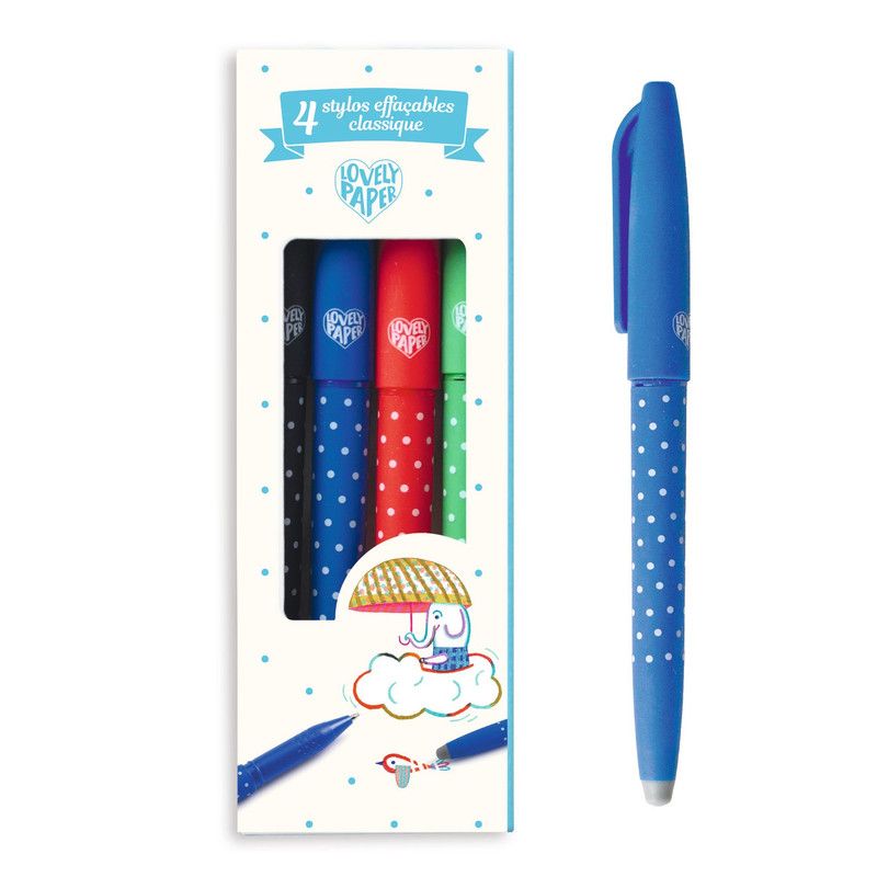 Djeco - Classic Erasable Pens W/ Clip Caps & Erasers - 4pcs