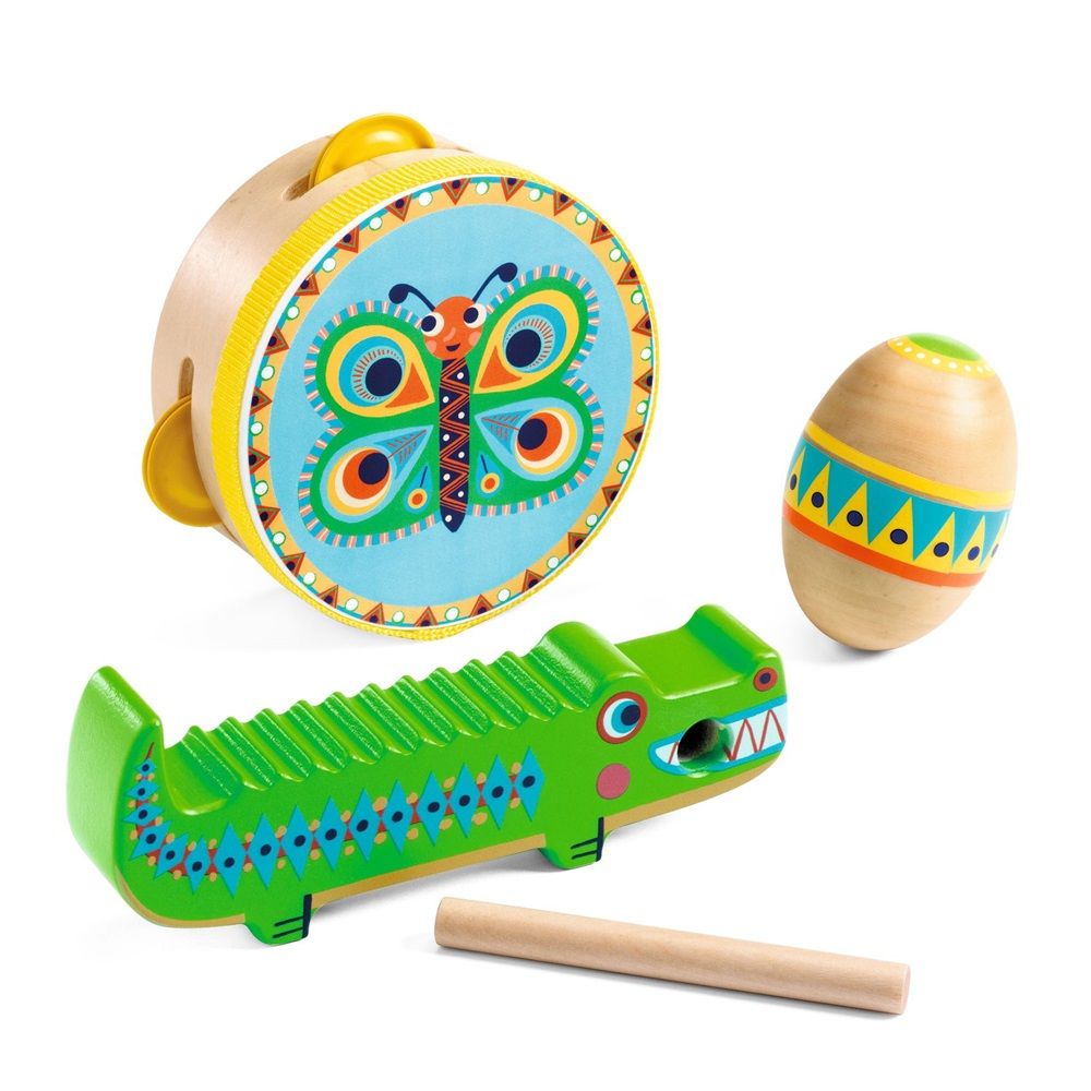 Djeco - Animambo Tambourine, Maracas And Guiro Musical Toy Set - 4pcs