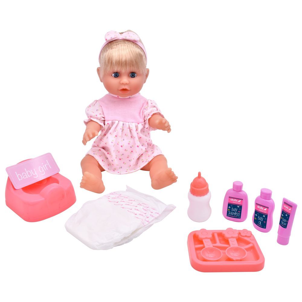 Dollsworld - Deluxe Drink & Wet Olivia Baby Doll Playset - 8 Pcs