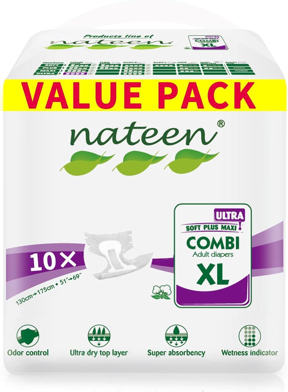 Nateen - Maxi Ultra Combi Incontinence Adult Diapers - XL - 10 Pcs