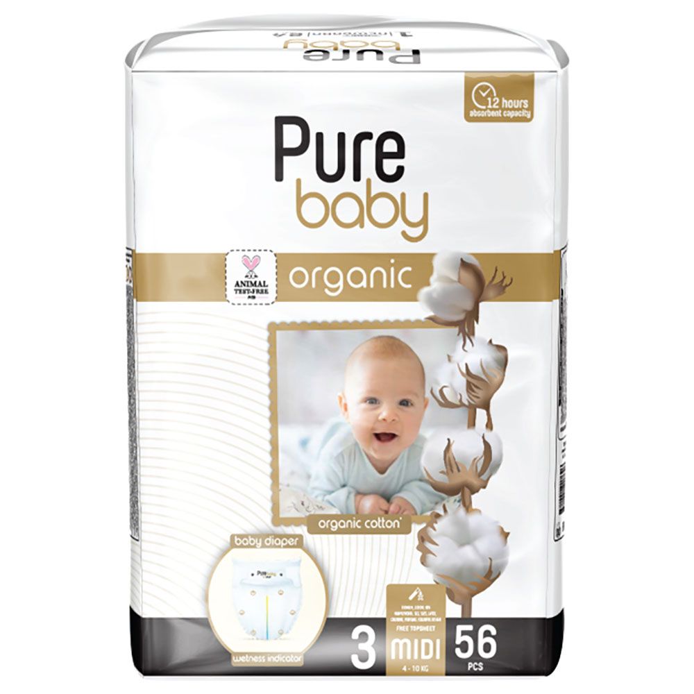 Purebaby -Diapers with Organic Cotton - 4-10 Kg - Size 3 - 56pcs