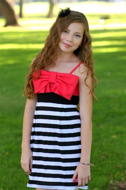 Brums Black/White Stripe with Big Pink Bow Tween Dress