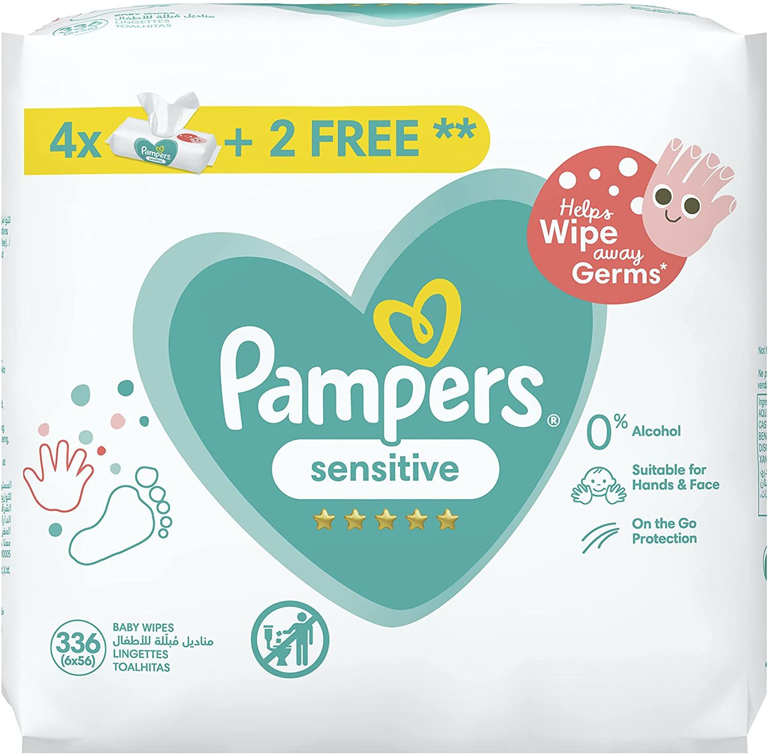 Pampers - Senstive Protect Baby Wipes Made w/ 100% Purified Water, 6 Packs, 336 Wipe Count